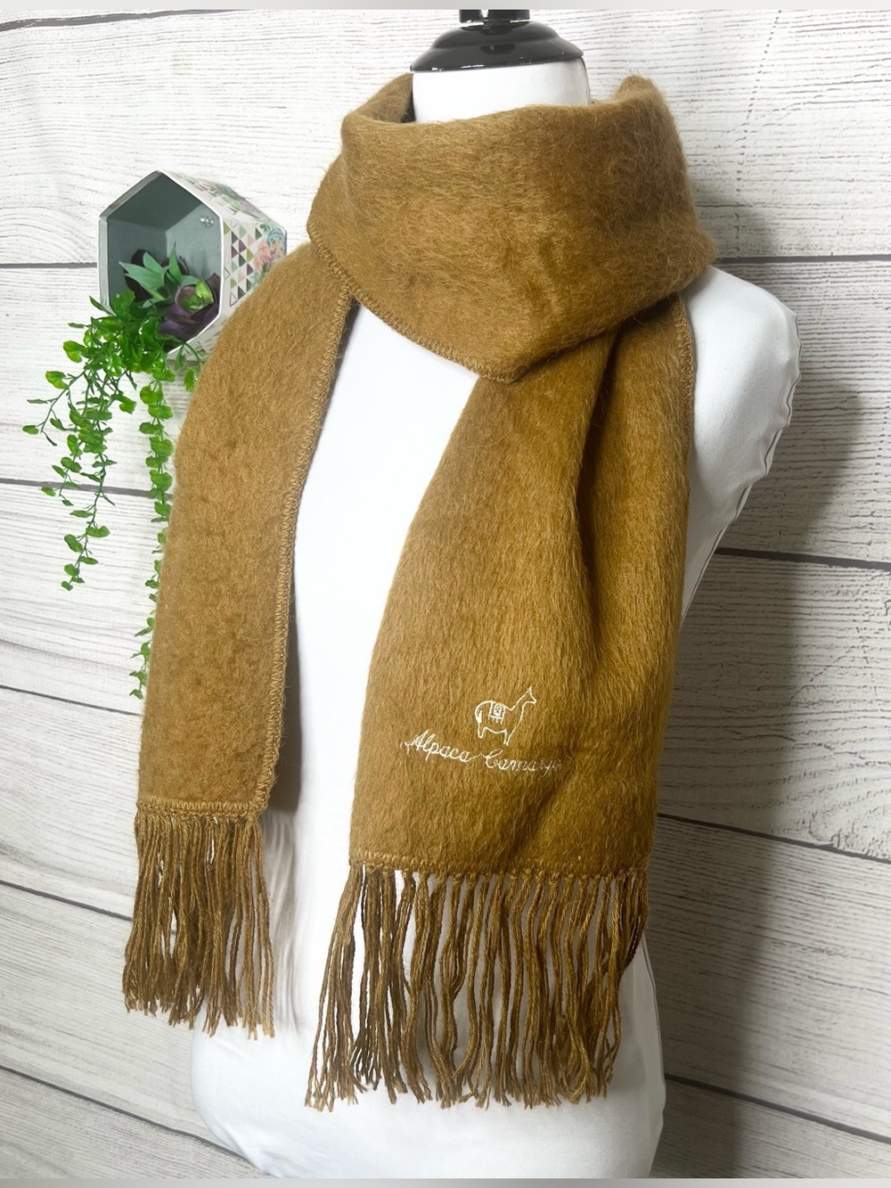 Alpaca Camargo Camel Brown Artisan Woven 100% Alpaca Fringe Scarf Made in Peru